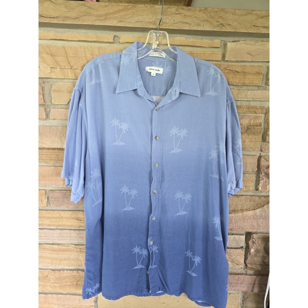 Pierre Cardan Hawaiian Shirt XL Mens Blue Palm Tree‎ Ombre Rayon Resortwear